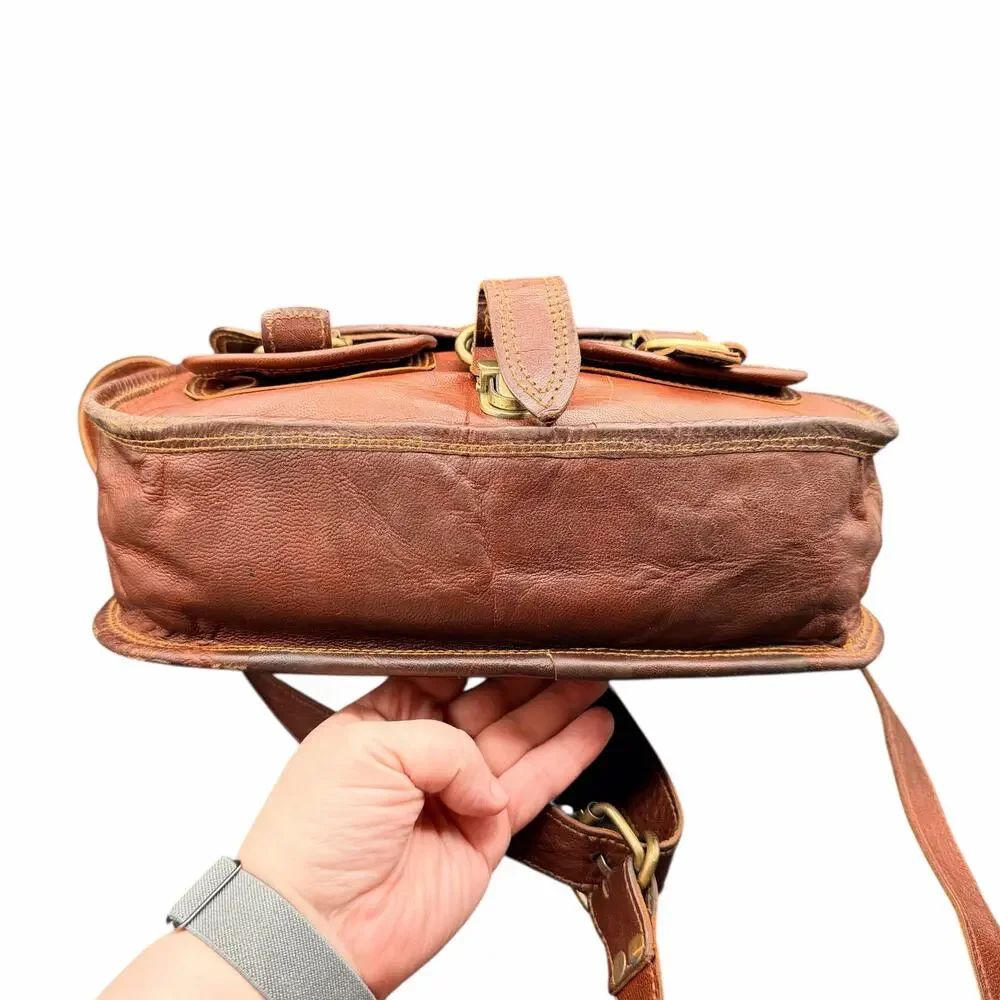 Firu Handmade Leather Crossbody Satchel Brown Buckle Messenger Bag
